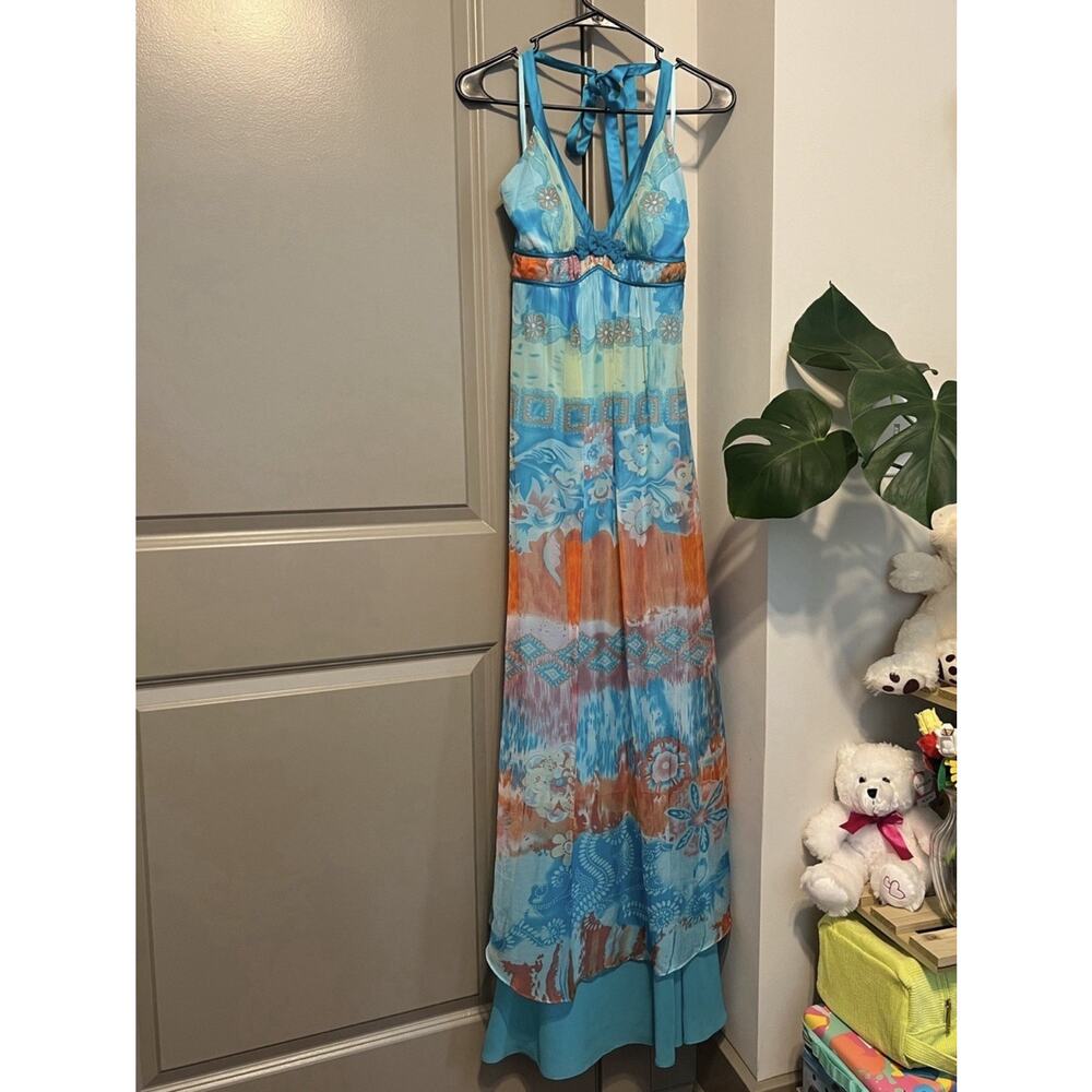 Sue Wong Blue Beaded Watercolor Floral Silk Blend Halter Maxi Dress Size 4 - Picture 3 of 9